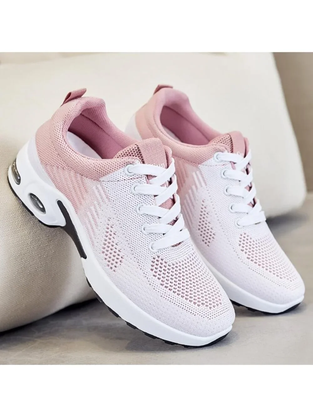 Women's White Pink Lightweight Air Cushion Mesh Breathable Casual Sneakers